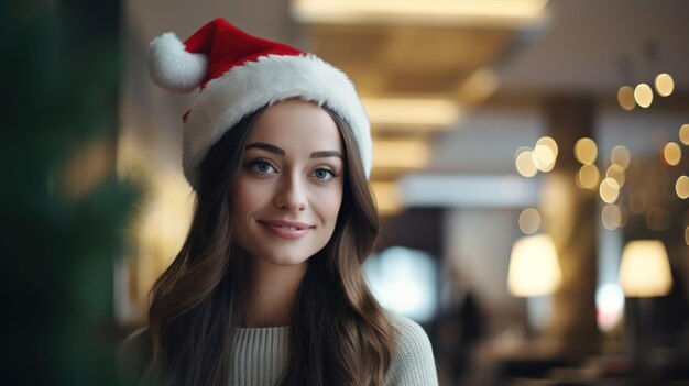 Mujer joven con un sombrero de Papá Noel