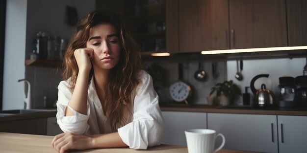 Mujer joven soñolienta bebe café se siente cansada sufre de insomnio y trastorno del sueño