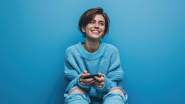 Foto una mujer joven sonríe alegremente mientras sostiene su teléfono inteligente contra un fondo de colores