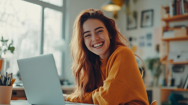 Una mujer joven sonríe brillantemente mientras trabaja en su escritorio en una acogedora oficina bien iluminada durante el día