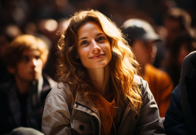 Una mujer joven sonríe mientras está sentada en la multitud.