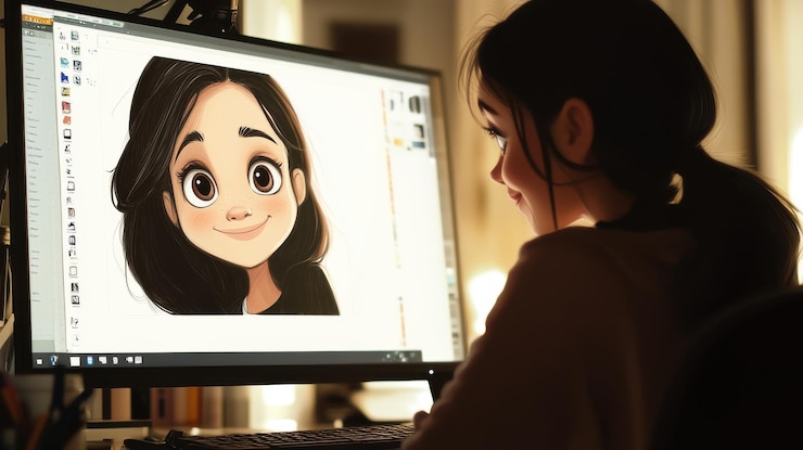 Foto una mujer joven sonríe mientras mira un dibujo animado de sí misma en una pantalla de computadora