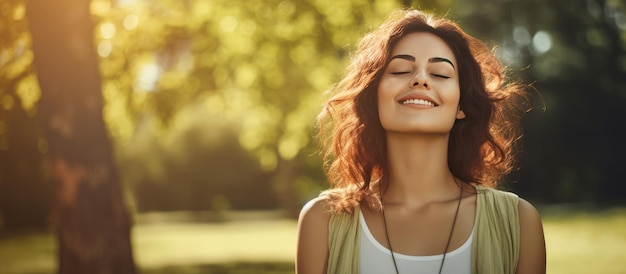 Mujer joven sonriendo adorando el yoga sintiéndose viva libre de obligaciones ojos pacíficos cerrados en el espacio de copia del parque