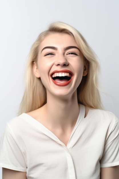 Mujer joven sonriendo aislada sobre un fondo blanco y luciendo emocionada creada con ai generativo