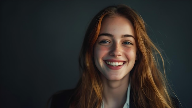 Mujer joven sonriendo alegremente en un retrato casual con un fondo oscuro aspecto carismático amistoso fresco adecuado para diversos medios de uso IA