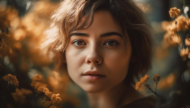 Mujer joven sonriendo en la belleza de la naturaleza generada por IA