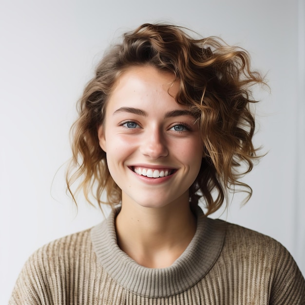 Mujer joven sonriendo a la cámara en blanco