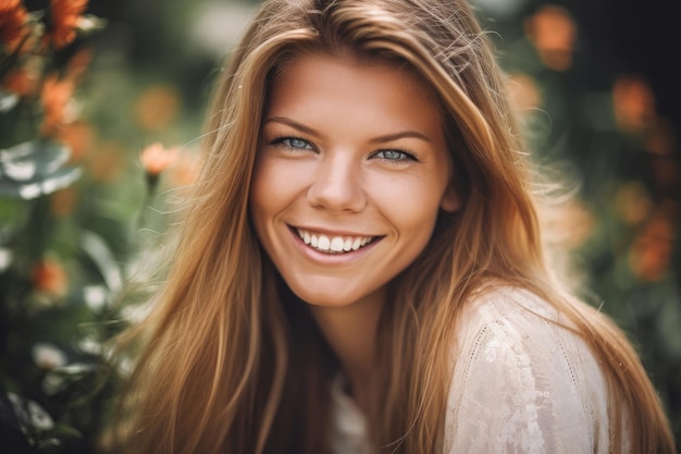 Una mujer joven sonriendo a la cámara creada con IA generativa