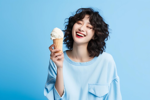 Mujer joven sonriendo con cono de helado