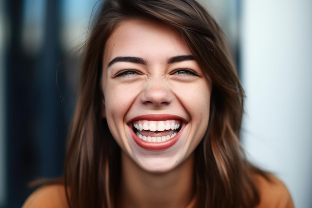 Una mujer joven sonriendo felizmente a la cámara con la boca abierta creada con ai generativo