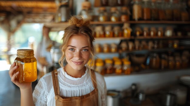 Mujer joven sonriendo con un frasco de miel en la cocina rústica