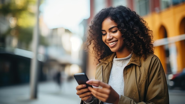 Mujer joven sonriendo mientras envía mensajes de texto en el teléfono inteligente