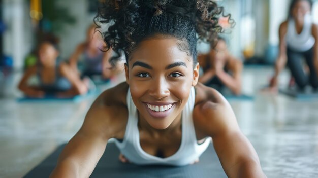 Mujer joven sonriendo mientras hace flexiones en una clase de ejercicio