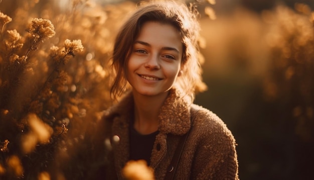 Mujer joven sonriendo en la naturaleza cálida belleza generada por AI
