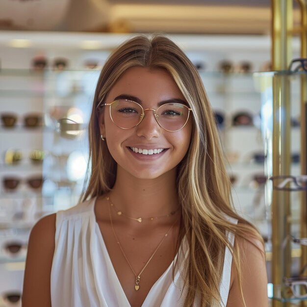 una mujer joven sonriendo y posando frente a la cámara en una tienda óptica