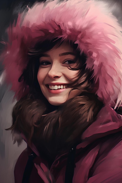 Mujer joven sonriendo con un sombrero de invierno al estilo de la oscuridad
