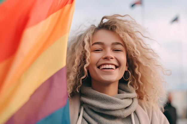 Mujer joven sonriendo y sosteniendo la bandera del arco iris del orgullo LGBTI