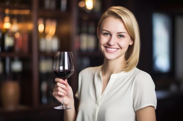 Una mujer joven sonriendo y sosteniendo una botella de vino creada con inteligencia artificial generativa