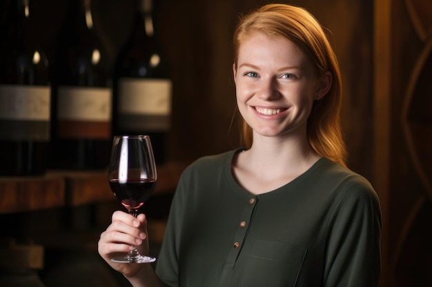 Una mujer joven sonriendo y sosteniendo una botella de vino creada con inteligencia artificial generativa