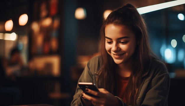 Una mujer joven sonriendo sosteniendo un teléfono inteligente enviando mensajes de texto por la noche generados por IA