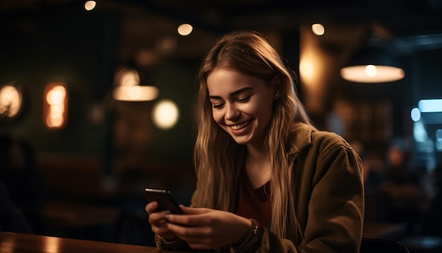 Una mujer joven sonriendo y sosteniendo un teléfono inteligente en el interior generado por IA