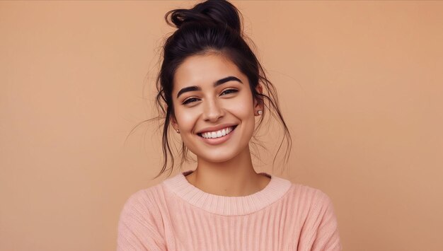 Una mujer joven sonriendo con un suéter rosa