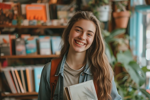 Mujer joven sonriendo en la tienda sosteniendo una bolsa