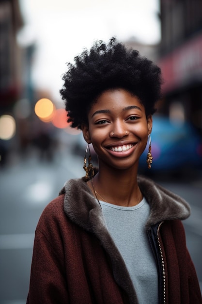 Una mujer joven sonriéndote mientras está de pie en una calle de la ciudad creada con IA generativa