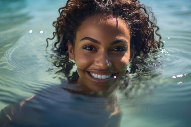 Mujer joven sonriente en el agua en la costa del Caribe