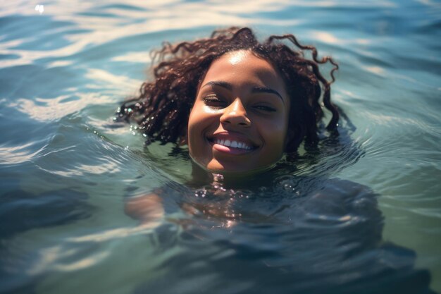 Mujer joven sonriente en el agua en la costa del Caribe