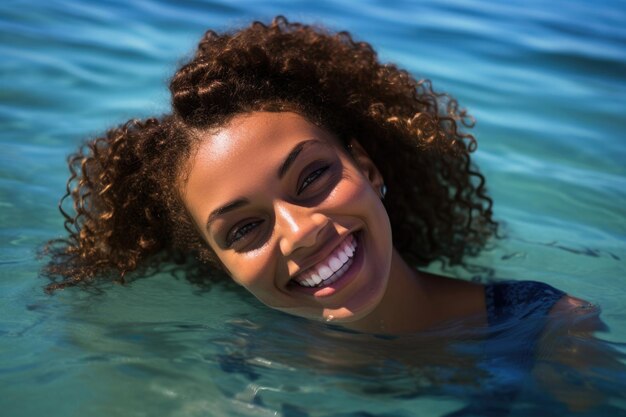 Mujer joven sonriente en el agua en la costa del Caribe