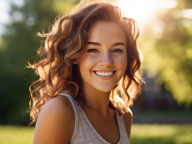 Una mujer joven sonriente al aire libre en una foto de un día soleado