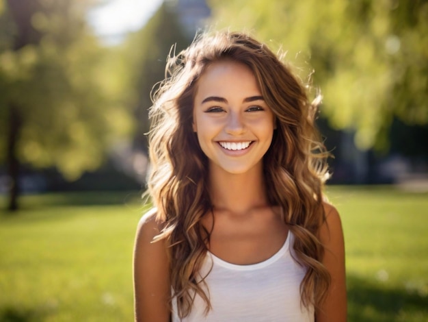 Foto una mujer joven sonriente al aire libre en una foto de un día soleado