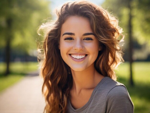 Foto una mujer joven sonriente al aire libre en una foto de un día soleado