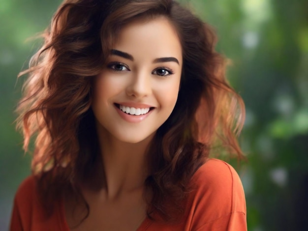 Foto una mujer joven sonriente al aire libre en una foto de un día soleado