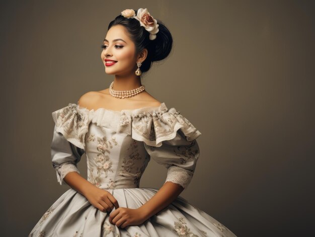 Mujer joven sonriente de ascendencia mexicana vestida con un vestido elegante sobre fondo gris