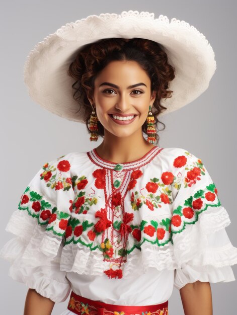 Foto mujer joven sonriente de ascendencia mexicana vestida con un vestido elegante sobre fondo gris