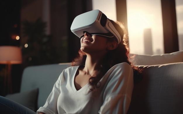 Mujer joven sonriente con auriculares de tecnología VR en el sofá de la sala de estar