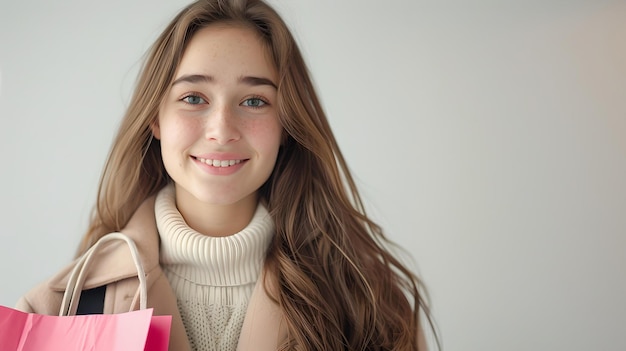 Mujer joven sonriente con bolsas de compras en estilo casual ropa estilo de vida retrato comprador feliz concepto de fondo claro espacio de copia IA