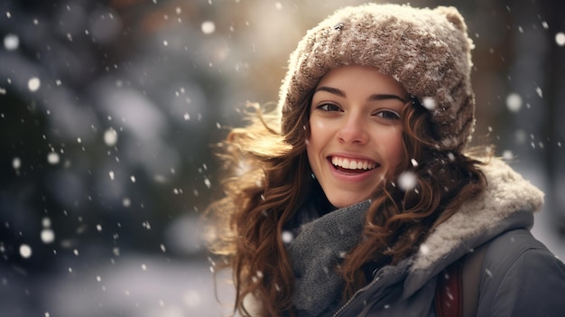 Mujer joven sonriente en el bosque de invierno disfrutando de la nieve y la naturaleza
