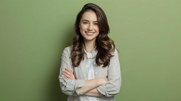 Mujer joven sonriente con los brazos cruzados contra un fondo verde