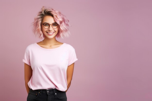 Mujer joven sonriente con cabello rosado sonriente en fondo rosado Empoderamiento de la mujer