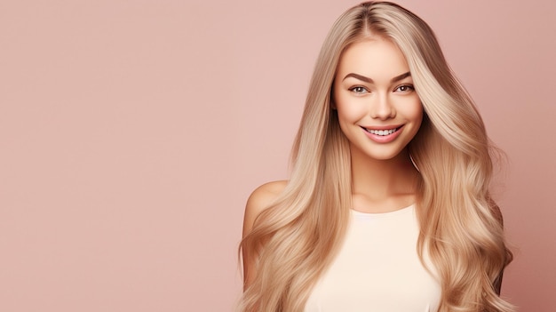 Mujer joven sonriente con cabello rubio sobre fondo plano pastel con espacio para copiar