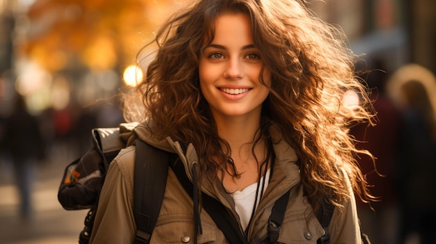 Mujer joven sonriente caminando al aire libre con mochila disfrutando de la ciudad