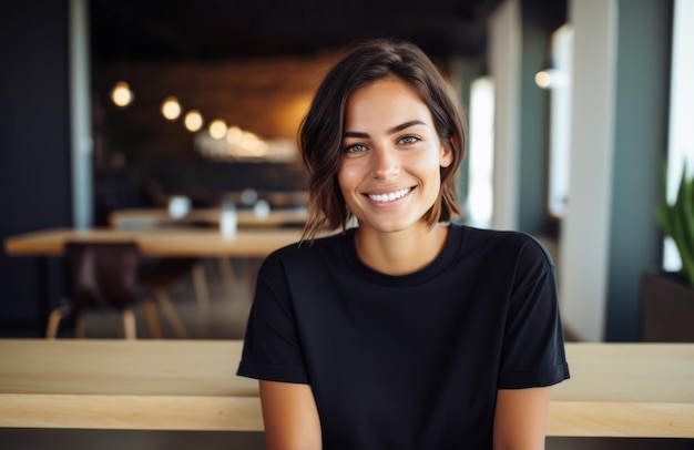 Mujer joven sonriente con una camiseta negra