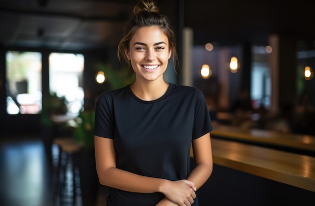 Mujer joven sonriente con una camiseta negra