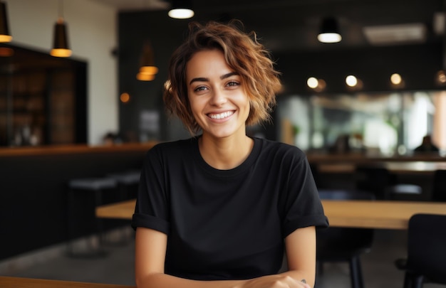 Mujer joven sonriente con una camiseta negra