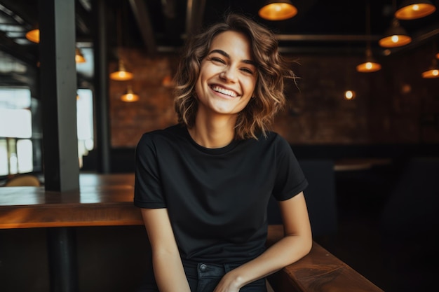 Mujer joven sonriente con una camiseta negra