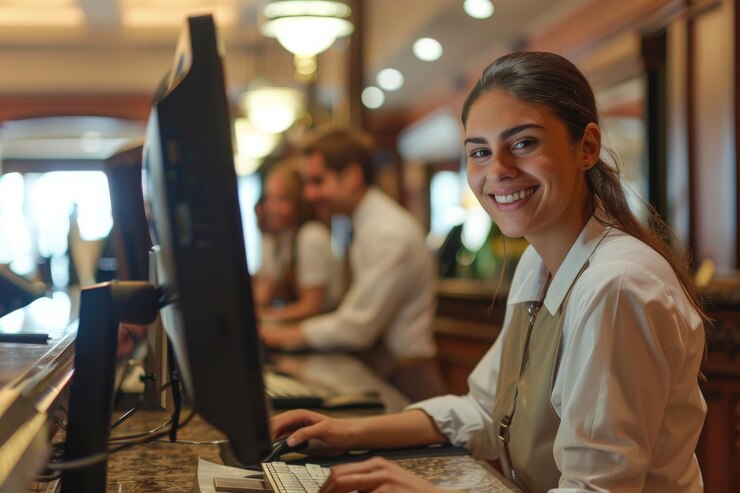 Mujer joven sonriente con colegas que trabajan en una oficina moderna con iluminación cálida