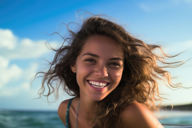 Mujer joven sonriente en la costa del Caribe